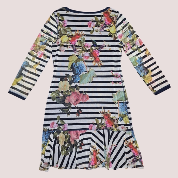 Juicy Couture Regal Bouquet Print Black and White Striped Dress Size XL - Picture 2 of 6